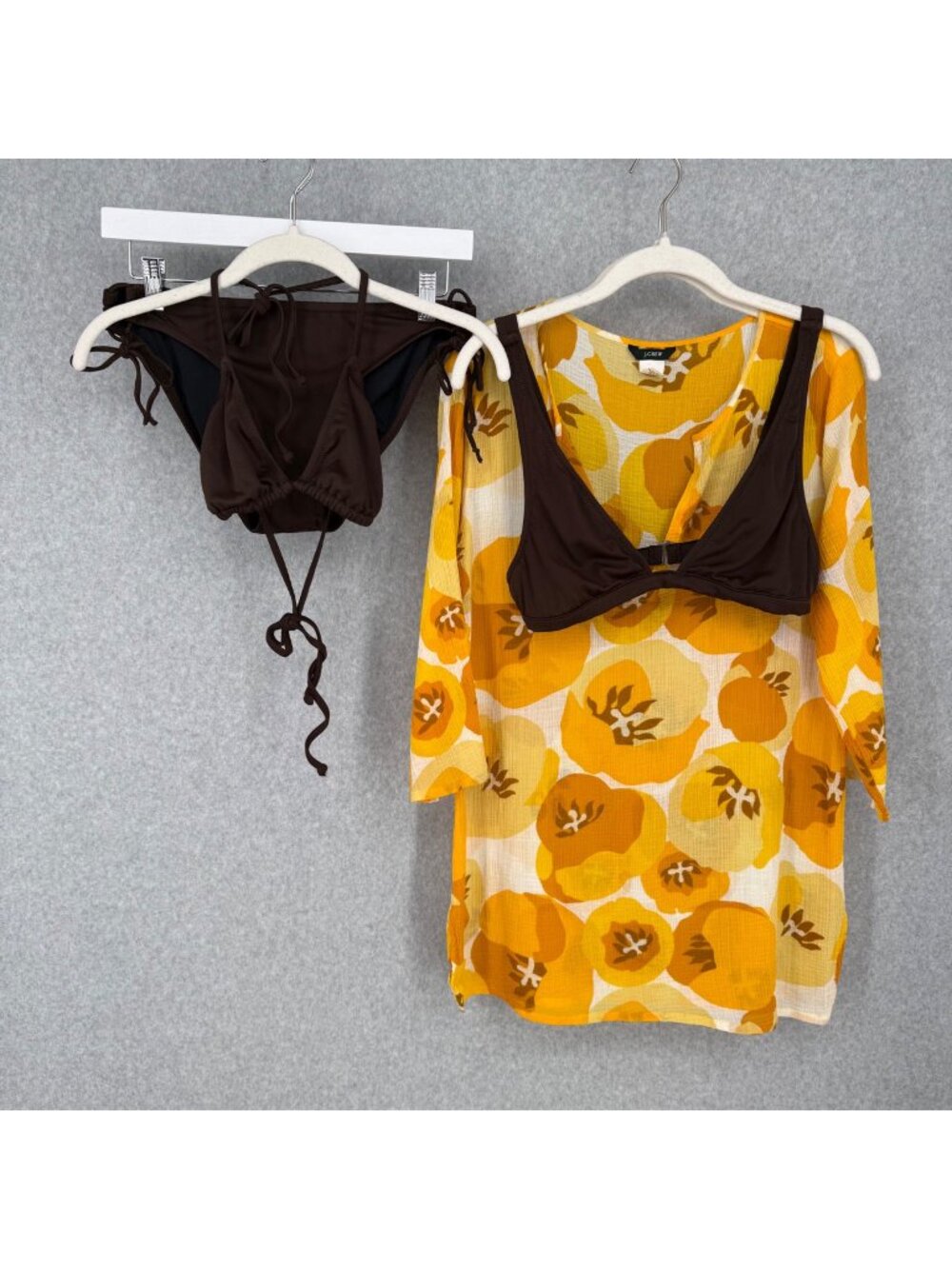 J Crew Womens Bikini and Cover Up Set Size M Brown Yellow Gauze Classic Swim